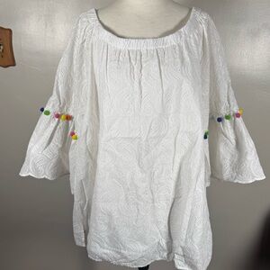 Ali Miles Plus Sz 2X White Eyelet Pom Pom Trim Elastic Neck 3/4 Bell Sleeve Top